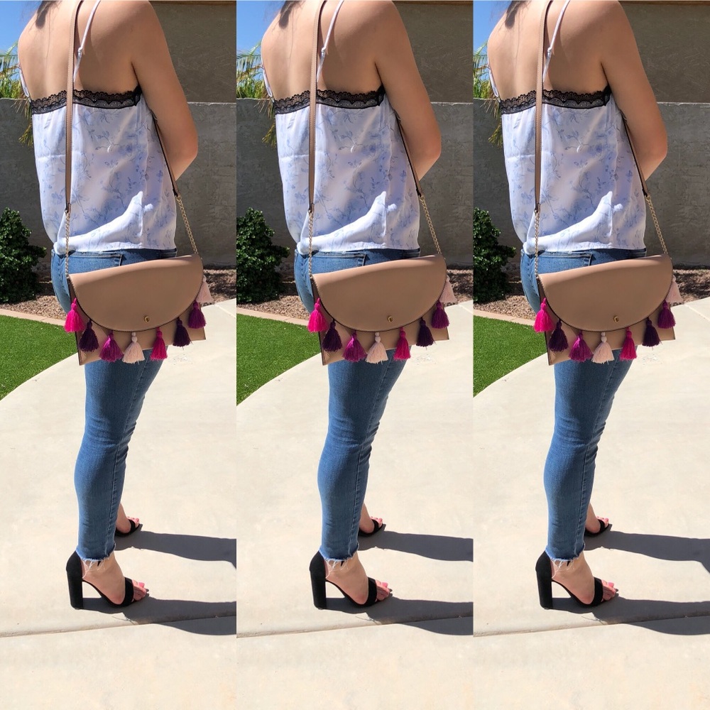 Nude Clutch with purple and pink tassels